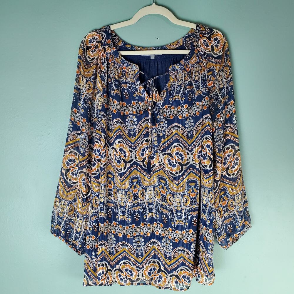 Daniel Rainn Women's Blue Metallic Breese Tie Neck Boho Sheer LS Top Size 2X